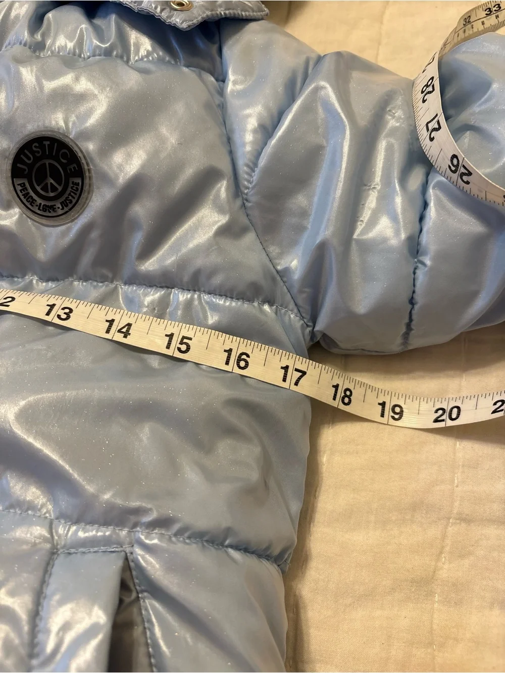 Justice Girls Puffer Coat Size 7/8 Shiny Blue Sherpa Lined Hooded Jacket K020